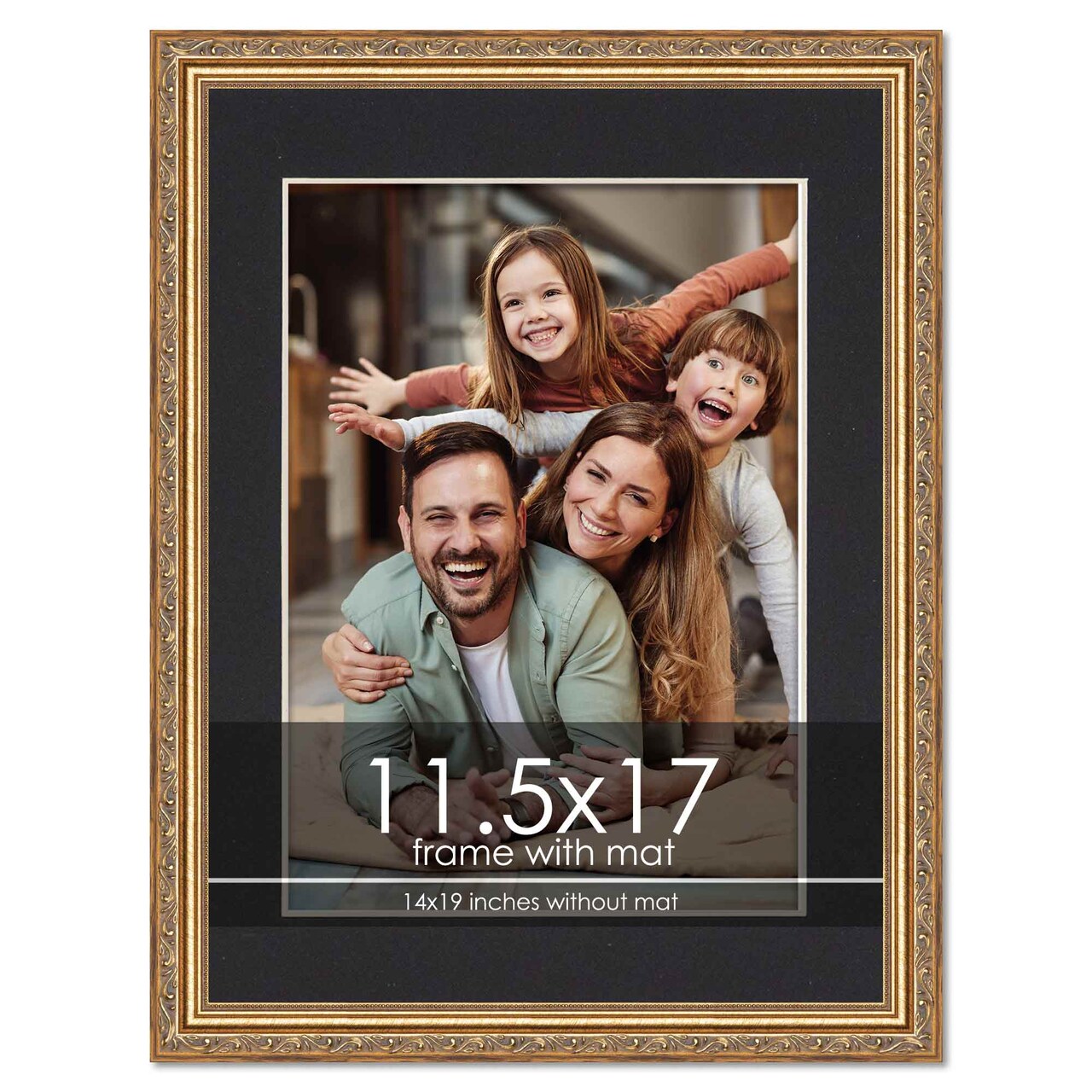 Antique Gold Frame with Black Photo Mat, UV Acrylic Front, Foam Board Backing, 60 Sizes Available